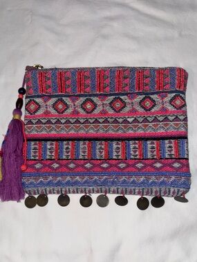 Merona Southwestern Beaded Tapestry Zippered Clutch Bag with Tassel and Coins